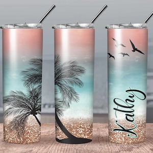 Beach Life Personalized Tumbler// Sunset on the beach Coffee Tumbler// Palm Tree Tumbler// Personalized Gift Tumbler// Sunset on the beach