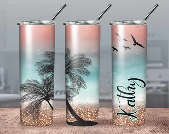 Beach Life Personalized Tumbler// Sunset on the beach Coffee Tumbler// Palm Tree Tumbler// Personalized Gift Tumbler// Sunset on the beach