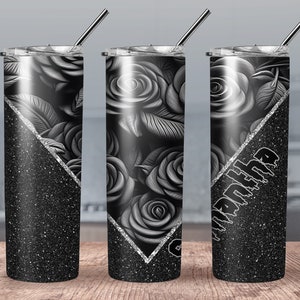 Personalized Black Rose Tumbler// Black Rose Water bottle// Personalized Rose Tumbler// Custom Black Water Bottle// Black Rose Tumbler