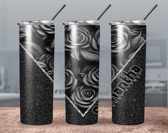 Personalized Black Rose Tumbler// Black Rose Water bottle// Personalized Rose Tumbler// Custom Black Water Bottle// Black Rose Tumbler
