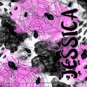 May include: A pink and black Halloween themed design with a spiderweb pattern and the name "Jessica" written in black. The background is a watercolor-like design with black and white splotches.