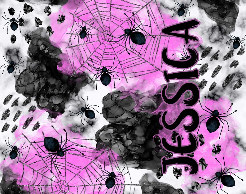 May include: A pink and black Halloween themed design with a spiderweb pattern and the name "Jessica" written in black. The background is a watercolor-like design with black and white splotches.