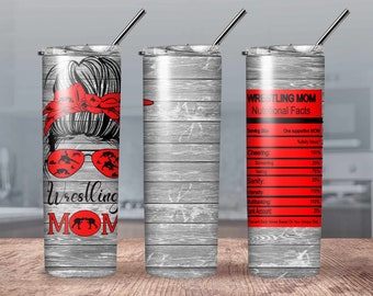 Wrestling mom tumbler// wrestling tumbler// Red Wrestling tumbler// Wrestling Mom nutrition facts// Wrestling mom messy bun tumbler/Mom Life