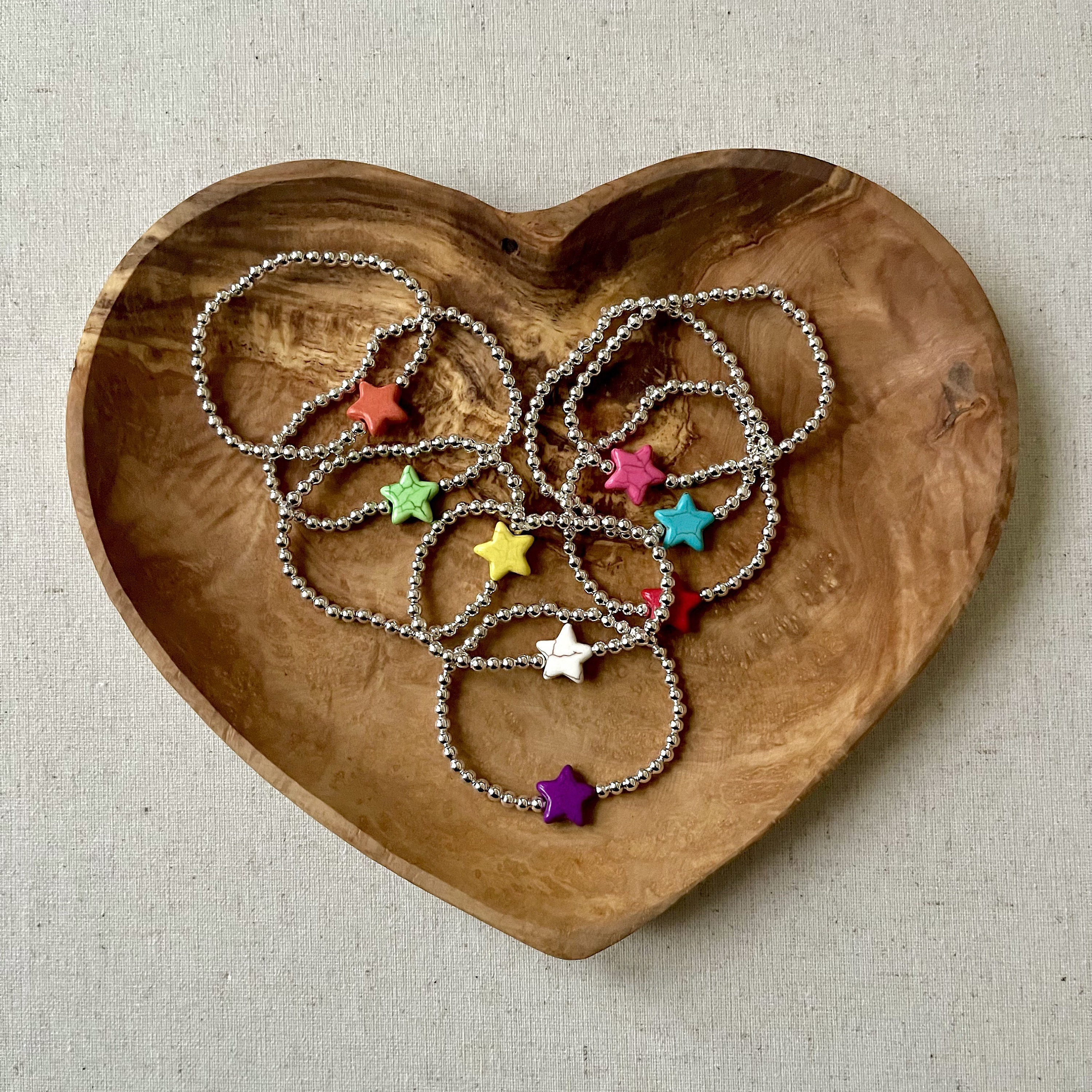 Star Heart & Crystal Silver Plated Stacking Bracelet ~ Stretch Elastic Handmade Star Heart & Crystal Silver Plated Stacking Bracelet ~ Stretch Elastic Handmade