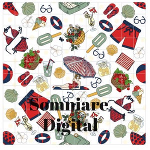 Ręcznie malowany wzór letniej plaży w formacie PNG, powtarzalna płytka w stylu nadmorskim (pobranie cyfrowe)