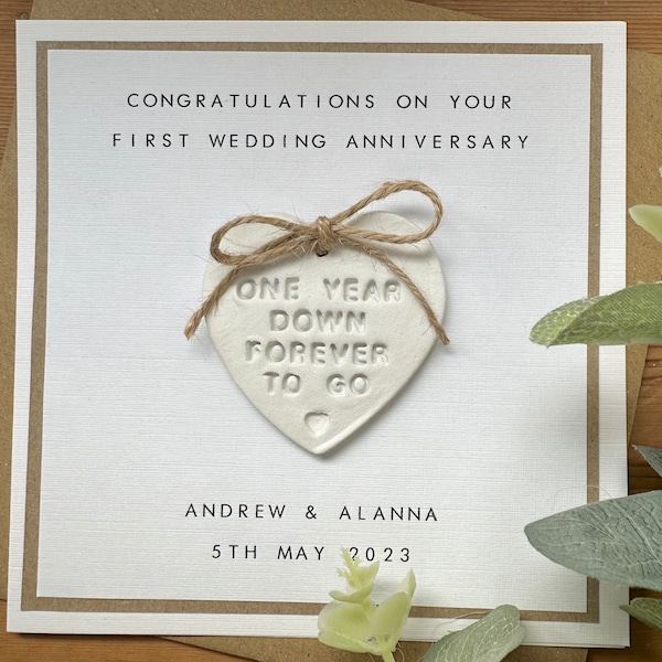 Personalised  First Anniversary Card - 1st Wedding Anniversary -  Son, Daughter, Friend - Paper Wedding Anniversary - Clay Heart - 1 Year