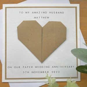 1st Anniversary Card Personalised Paper Husband / Wife First Wedding Anniversary Origami Heart image 1