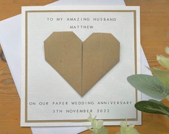 1st Anniversary Card Personalised - Paper - Husband / Wife - First Wedding Anniversary - Origami Heart