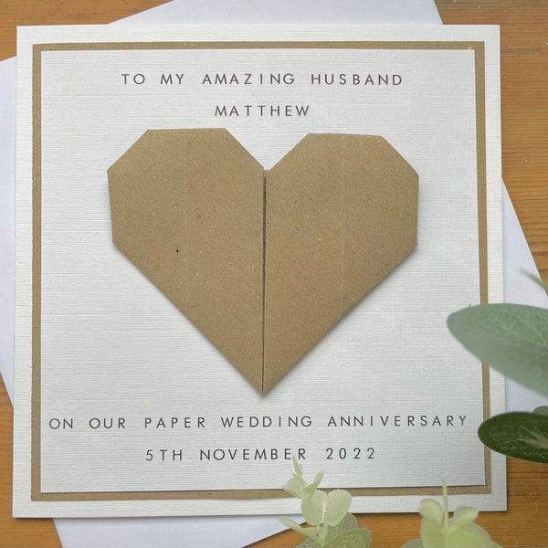 1st Anniversary Card Personalised - Paper - Husband / Wife - First Wedding Anniversary - Origami Heart