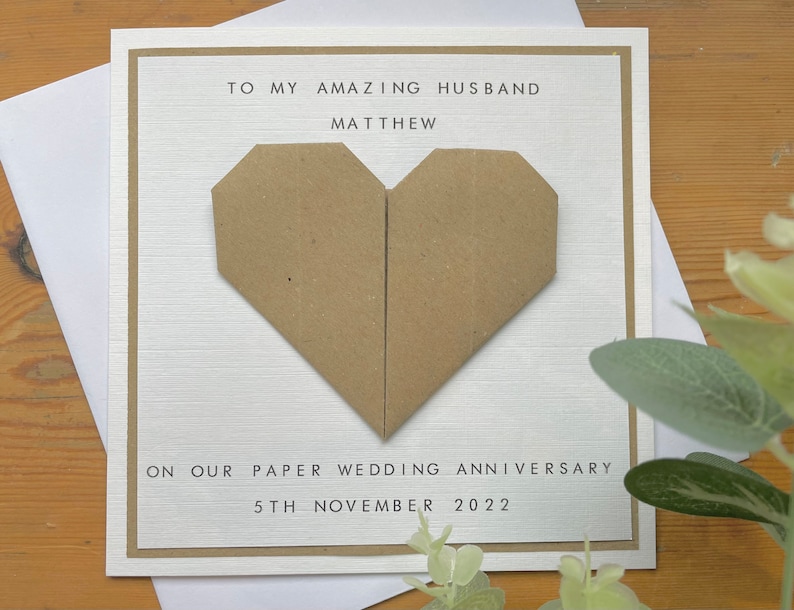1st Anniversary Card Personalised Paper Husband / Wife First Wedding Anniversary Origami Heart image 1