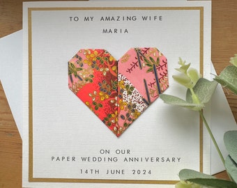 1st Anniversary Card Personalised - Paper - Husband / Wife - First Wedding Anniversary - Origami Heart