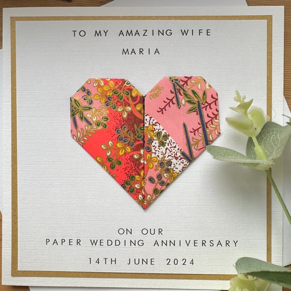 1st Anniversary Card Personalised - Paper - Husband / Wife - First Wedding Anniversary - Origami Heart