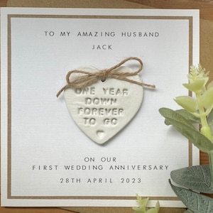 1st Anniversary Card Personalised - Husband / Wife  - First Wedding Anniversary - Clay Heart - Paper Anniversary