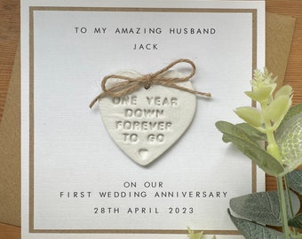 1st Anniversary Card Personalised - Husband / Wife  - First Wedding Anniversary - Clay Heart - Paper Anniversary