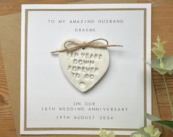 10th Anniversary Card Personalised - Husband / Wife  - Tenth Wedding Anniversary - Clay Heart - Anniversary