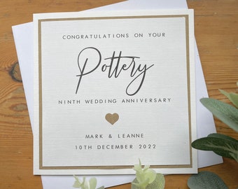 9th Anniversary Card Personalised - Pottery - Husband / Wife / Son Daughter - Ninth Wedding Anniversary