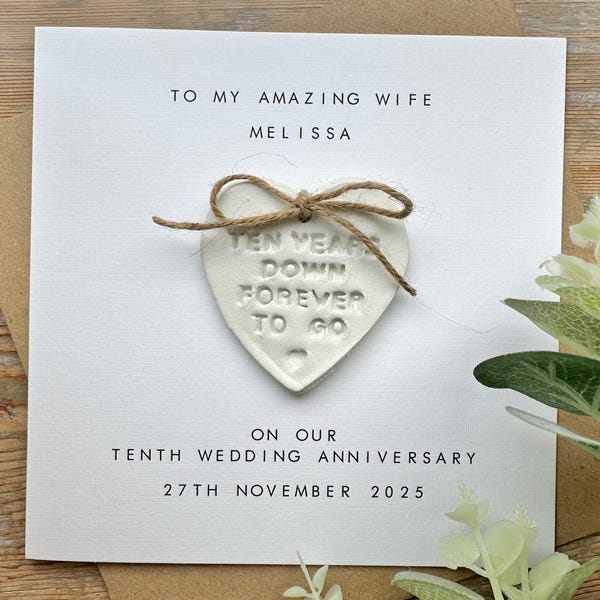 Tarjeta de 10º Aniversario Personalizada - Marido/Mujer - Décimo Aniversario de Bodas - Corazón de Arcilla - Aniversario