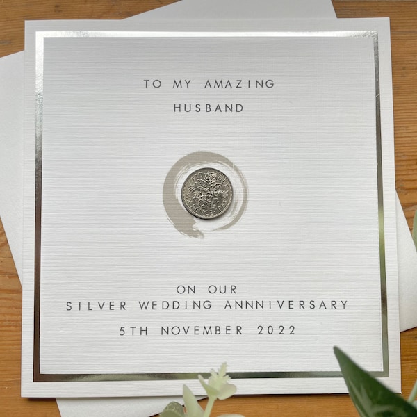 Silver 25th Wedding Anniversary Card Personalised - Silver Sixpence - Husband / Wife