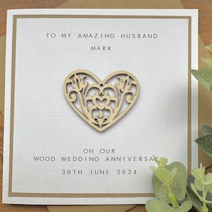 Tarjeta de 5to Aniversario Personalizada - Madera - Esposo / Esposa - Quinto Aniversario de Boda - Corazón de Madera
