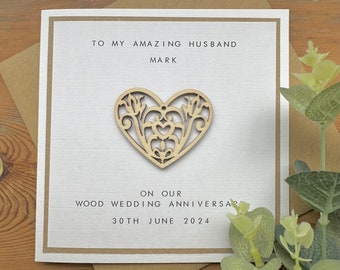 5th Anniversary Card Personalised - Wood - Husband / Wife - Fifth Wedding Anniversary - Wooden Heart