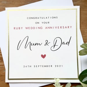 Tarjeta de aniversario de boda de rubí personalizada - 40 aniversario - mamá / papá / padre / amigos