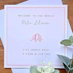Carte personnalisée nouveau bébé éléphant - bleu ou rose - garçon / fille / fille / fils / petit-enfant / petite-fille / petit-fils