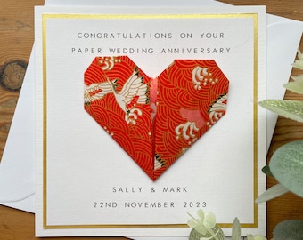 1st Anniversary Card Personalised - Paper  - First Wedding Anniversary - Origami Heart