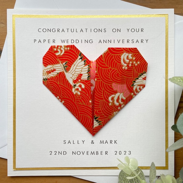 1e verjaardagskaart gepersonaliseerd - papier - eerste huwelijksverjaardag - origami hart