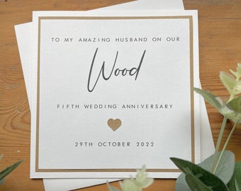 5th Wedding Anniversary Card Personalised - Wood - Husband / Wife - Fifth Wedding Anniversary