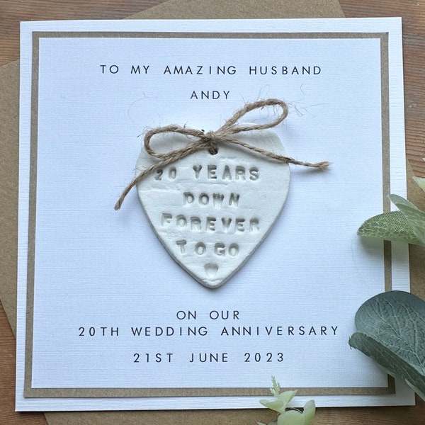 20th Anniversary Card Personalised - Husband / Wife  - Twenty Wedding Anniversary - Clay Heart - Anniversary