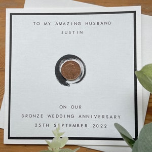 8. Jahrestag Karte personalisiert - Bronze - Mann / Frau - Achter Hochzeitstag 1p Münze