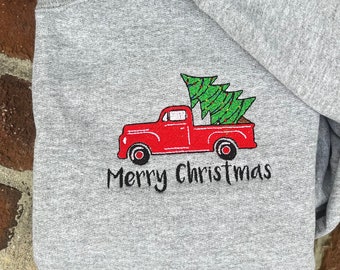 Embroidered little red truck sweatshirt | Red truck with Christmas tree sweatshirt | Merry Christmas sweatshirt