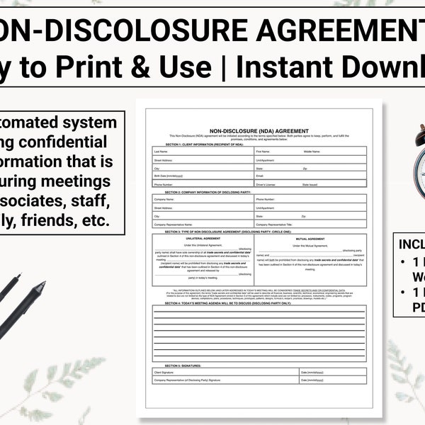 NDA | Non-Disclosure Agreement | Protect Confidential / Private Information Discussed During  Meetings With Employees, Friends, Family Etc.