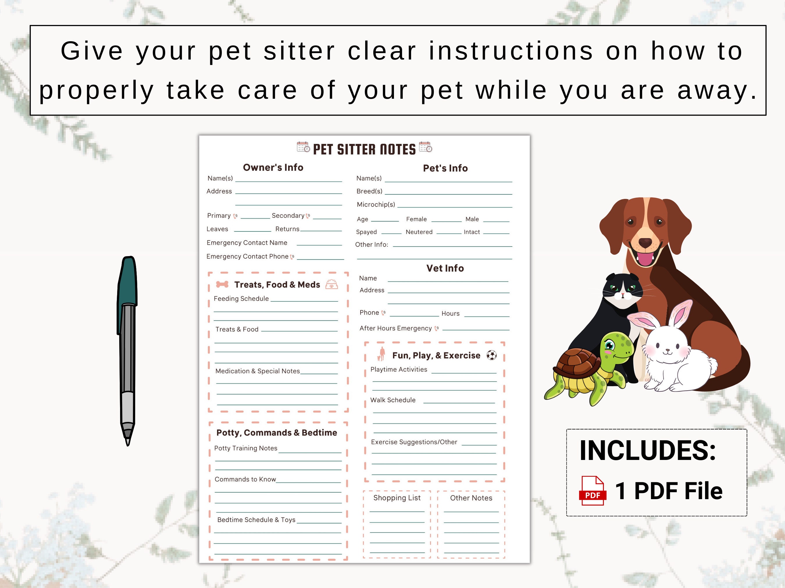 Pet Sitter Guide Give Pet Care Providers Clear Instructions / Notes on How to Safely and