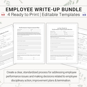 Op de afbeelding: Een set van vier printbare formulieren voor het beoordelen van werknemers. De formulieren omvatten een disciplinaire formulier, een plan voor prestatieverbetering, een 30-daagse check-in voor prestatieverbetering en een formulier voor beëindiging van de arbeidsovereenkomst. De formulieren zijn ontworpen om te helpen bij het creëren van een duidelijk en gestandaardiseerd proces voor het aanpakken van prestatieproblemen van werknemers en het nemen van beslissingen met betrekking tot disciplinaire maatregelen, verbeteringsplannen en beëindiging van de arbeidsovereenkomst.