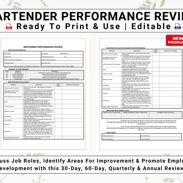 Restaurant Bartender / Mixologist Performance Review & Self Appraisal Template | Discuss Job Roles, Expectations And Promote Employee Growth