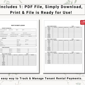 May include: A black and white printable PDF document for tracking rent payments. The document includes sections for property information, applicant details, other occupants, and a rent payment history log. The document is labeled "Rent Payment Ledger" and includes the text "A Rental Must Have".