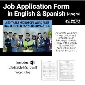 Könnte beinhalten: Ein Bewerbungsformular in Englisch und Spanisch. Das Formular ist vollständig editierbar und enthält zwei Microsoft Word-Dateien. Das Bild zeigt eine Gruppe von verschiedenen Personen in verschiedenen Berufen. Der Text "revive working" befindet sich in der oberen rechten Ecke.