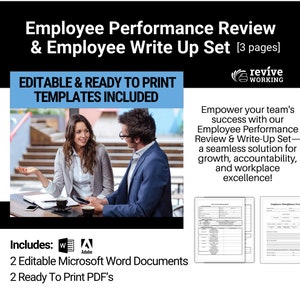 May include: A digital product listing for an employee performance review and write-up template set. The image shows a woman and man sitting at a table, discussing a document. The text on the image reads "Employee Performance Review & Employee Write Up Set [3 pages]" and "Editable & Ready to Print Templates Included". The image also includes a logo for "Revive Working".