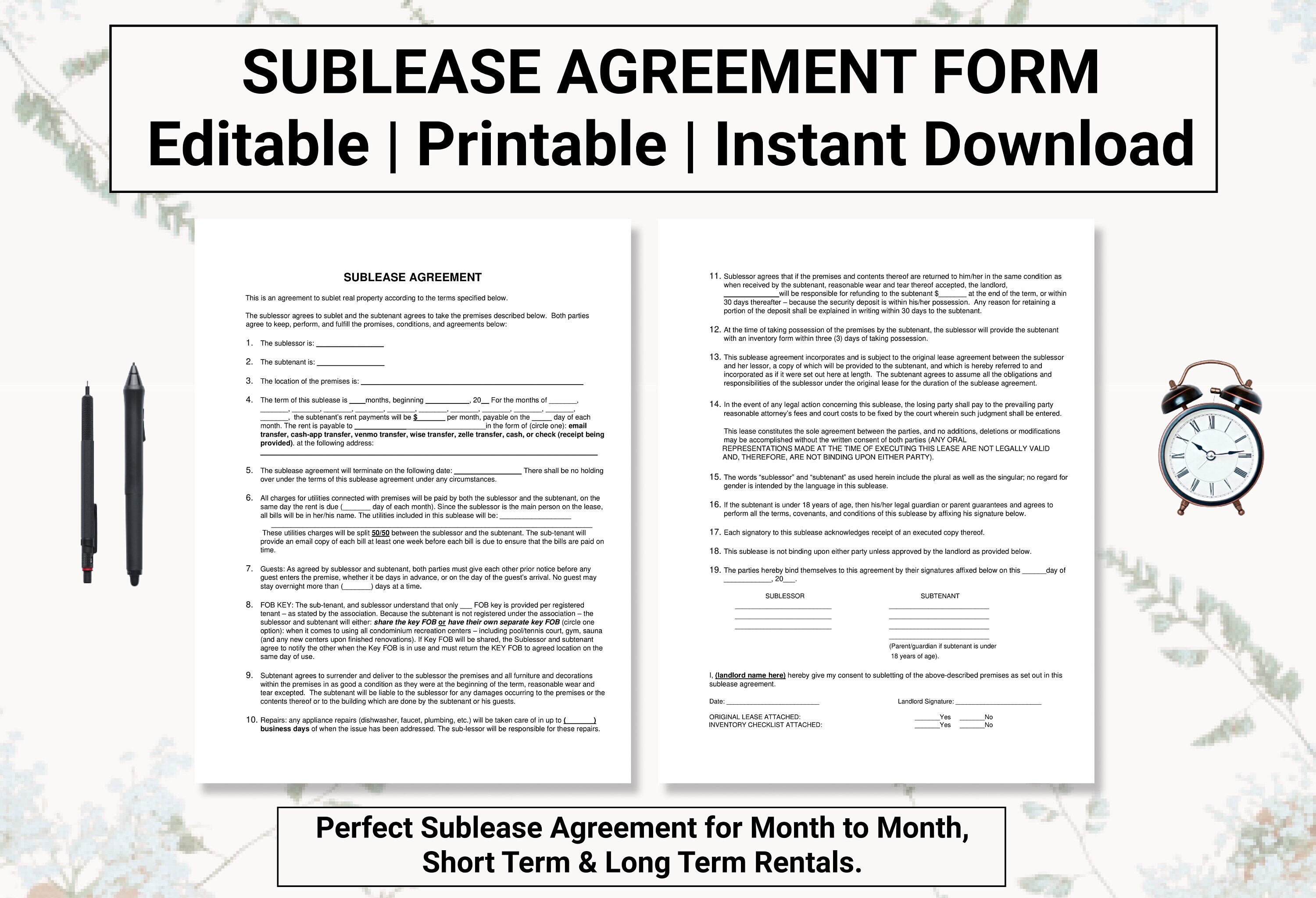 Sublease Agreement / Room Rental Agreement Establish Rules & - Etsy