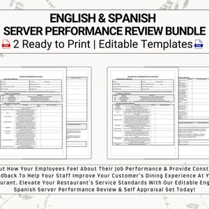 May include: A printable bundle of two server performance review templates in English and Spanish. The templates are designed to help restaurants provide constructive feedback to employees and improve customer dining experiences.