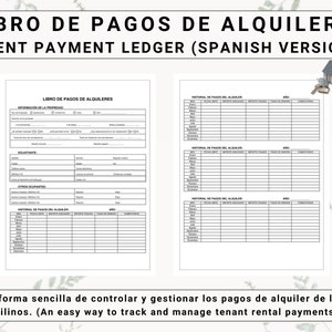 Op de afbeelding: Een wit register met de titel "LIBRO DE PAGOS DE ALQUILERES" met de Engelse vertaling "RENT PAYMENT LEDGER (SPANISH VERSION)". Het register bevat secties voor huurdersinformatie en huurbetalingsgeschiedenis. Een pen is zichtbaar.