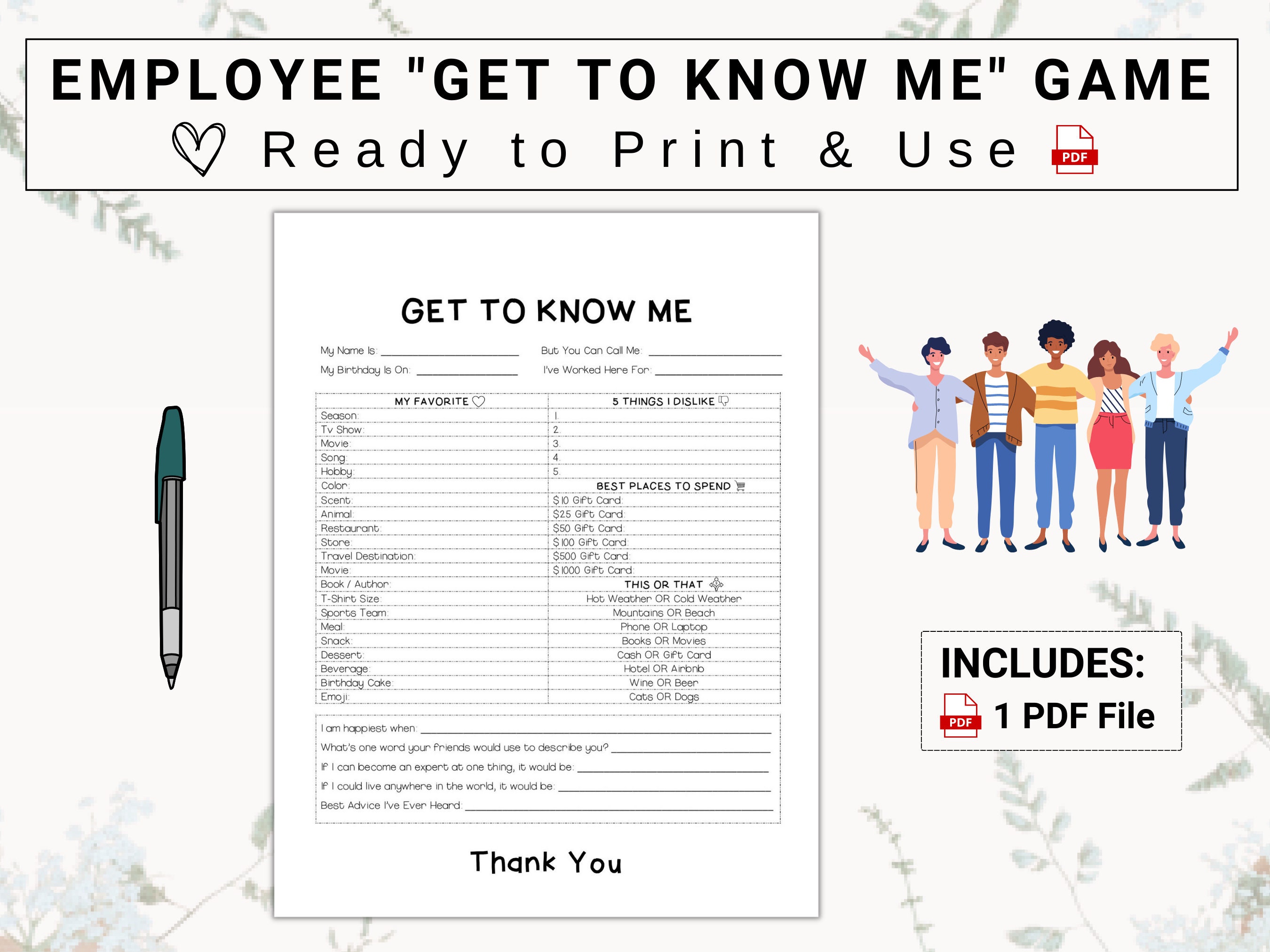 Coworker Questions Printable All About Me Employee Teacher , 50% OFF