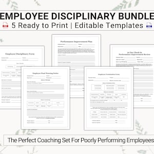 Puede incluir: Un conjunto de cinco formularios disciplinarios para empleados imprimibles, que incluyen un formulario disciplinario, un aviso de advertencia final, un plan de mejora del rendimiento, una revisión de mejora del rendimiento de control de 30 días y un formulario de terminación. Los formularios son en blanco y negro y tienen un diseño profesional.