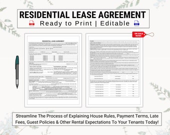 May include: A printable and editable residential lease agreement document. The document includes sections for tenant information, property details, lease terms, and payment information. The document is ready to print and can be used to streamline the process of explaining house rules, payment terms, late fees, guest policies, and other rental expectations to tenants.