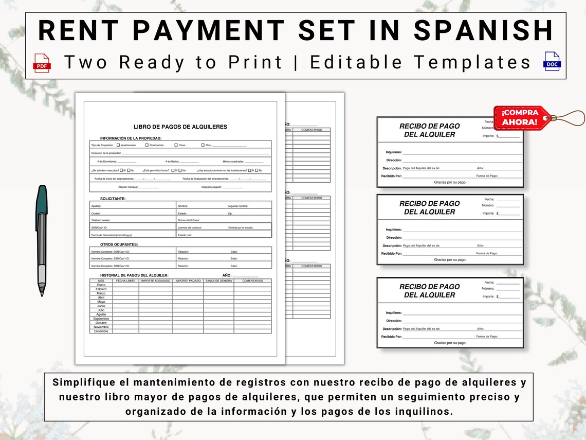 Rent Payment Ledger & Receipt in Spanish Libro De Pagos De Alquiler Y