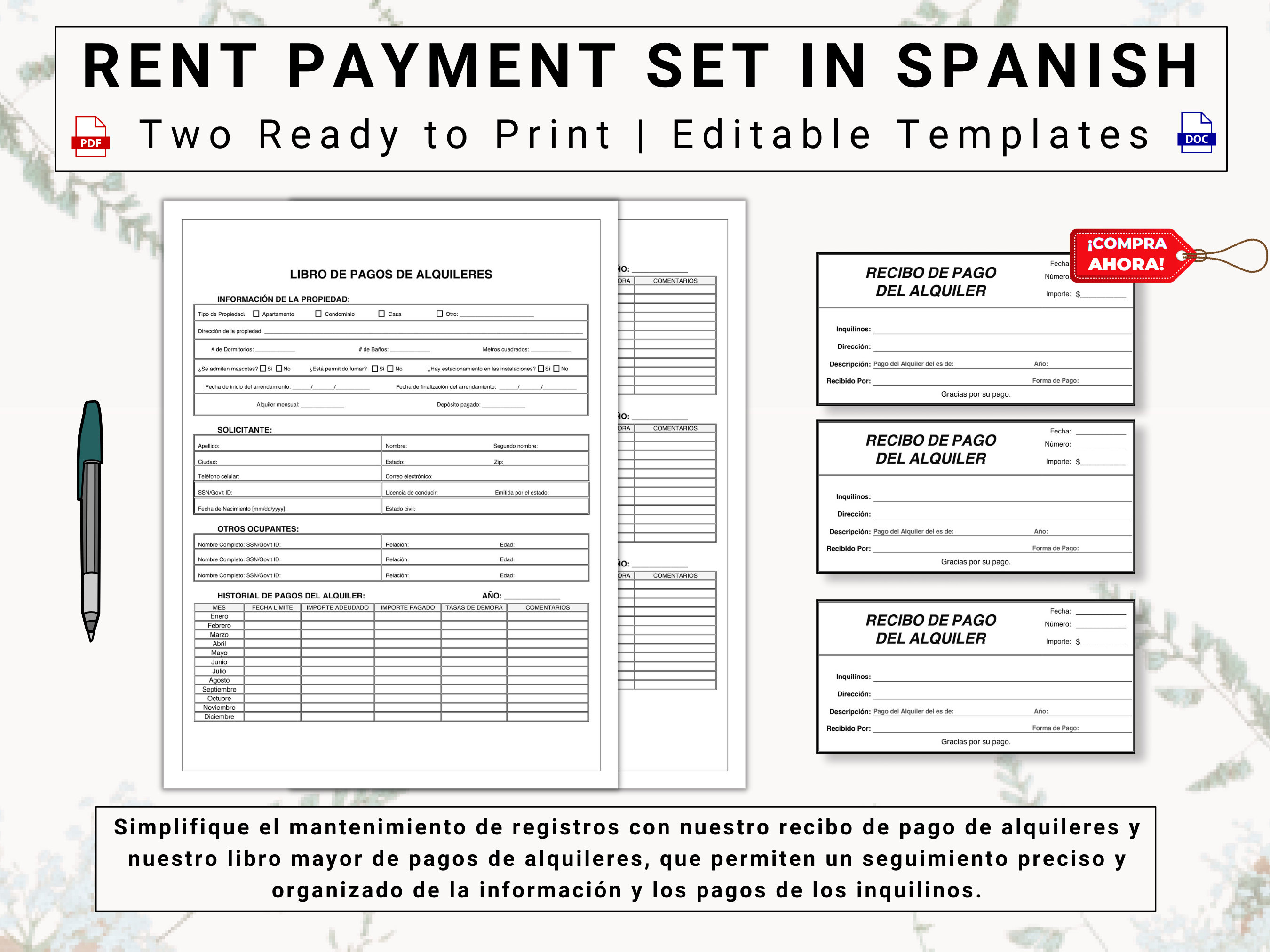 Recibo Pago De Alquiler Rent Payment Ledger & Receipt in Spanish Libro De Pagos De - Etsy