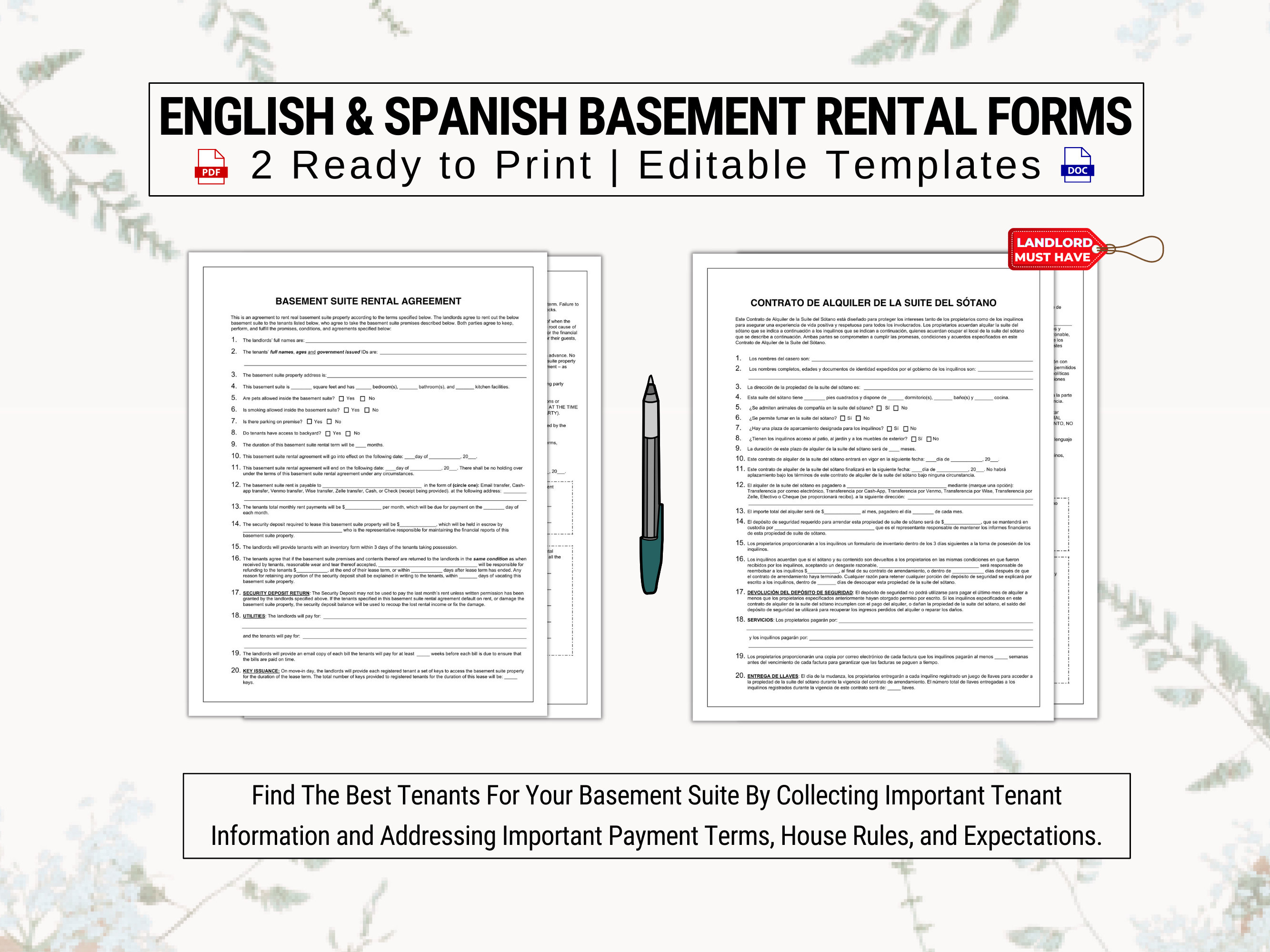 Basement Suite Rental Agreement in English & Spanish | Discuss Payment ...