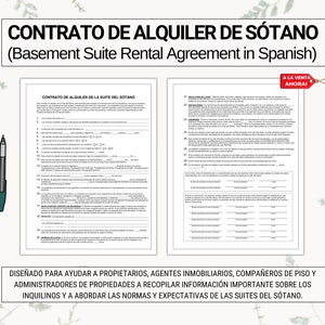 Könnte beinhalten: Ein spanischsprachiges Mietvertrag für eine Kellerwohnung mit dem Titel "Contrato de Alquiler de Sotano" (Mietvertrag für eine Kellerwohnung auf Spanisch). Das Formular soll Vermietern, Hausverwaltern, Immobilienmaklern und Mitbewohnern helfen, wichtige Informationen von Mietern zu sammeln und Regeln und Erwartungen für Kellerwohnungen zu behandeln.