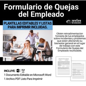 Op de afbeelding: Een printbare sjabloon voor een klachtenformulier voor werknemers met een vrouw die op de achtergrond aan een bureau zit. Het formulier heeft de titel "Klachtenformulier voor werknemers" en bevat de tekst "Revive Working".